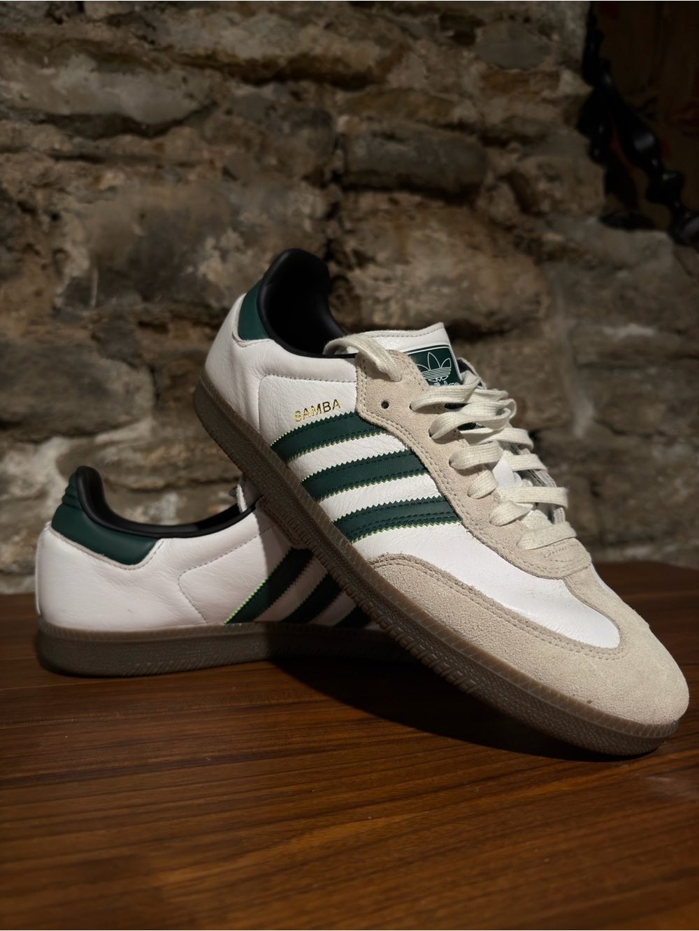 adidas Samba Leather Sneakers - White with Green Stripes